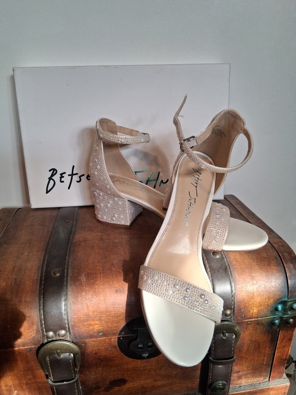 Betsey Johnson Ivory Embellished Block Heel Sandals